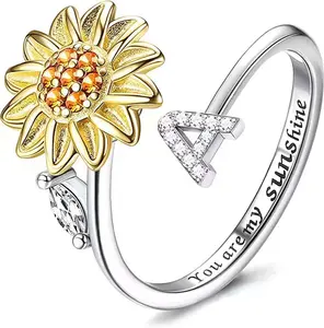 Sunflower rotating ring for women 26 English letters sunflower rotating to relieve anxiety Gift
