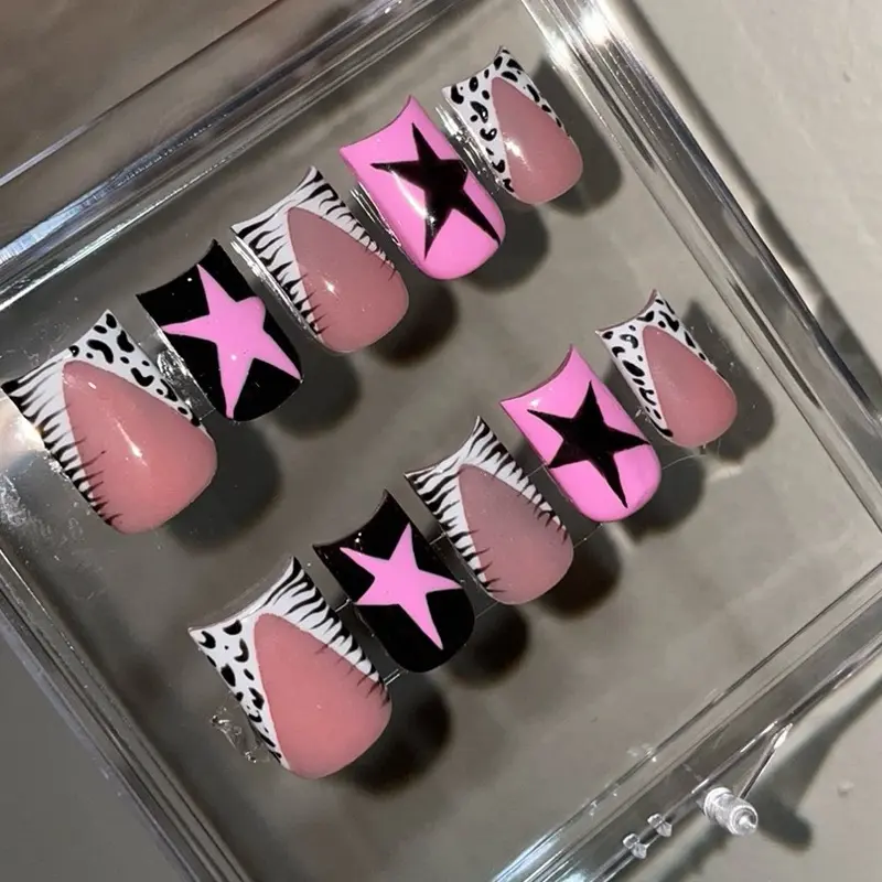 Acrylic Press On Nails Hand Made Hand Painted Set with 10 Nails File Alcohol Pad Cuticle Pusher Oil and Glue for Salon-Quality Manicure