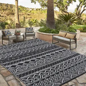 Outdoor Rug, Waterproof Reversible Plastic Straw Rug for Patio, RV, Camping, Bohemian Black & White Large Area Rug, Easy Clean Woven Floor Mat for Deck, Picnic & Beach carpet