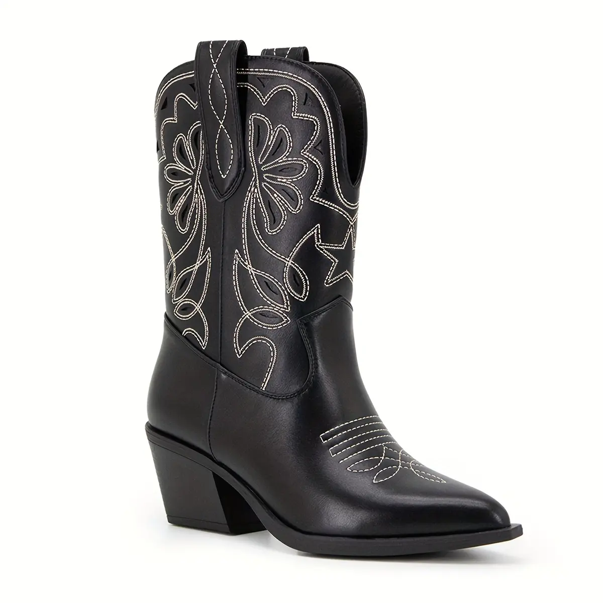 Women's Embroidered Western Cowboy Boots, Pure Black High Heels, Pointed Toe, Side Zipper, Thick Sole Shoes, All-Season Formal Boots, Pastoral Style, Fabric Lining, TPR Sole, Synthetic Materials - Designer Girl Ankle Boots