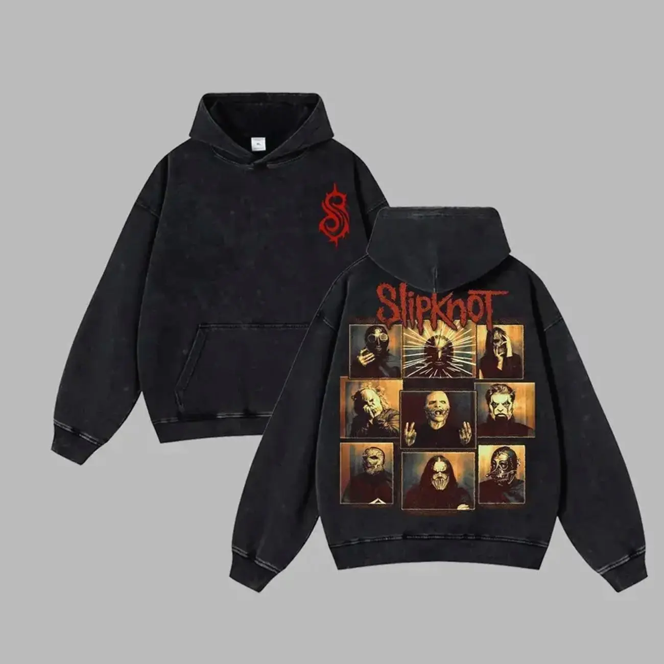 Retro Limited Slipknot Masks V3 Metal Washed T-shirt Hoodie Unisex Oversize Rock Band Metal Band Cotton Hoodie Gift For Rock Music Lovers Grunge Y2K Outfits Vintage 90s Graphic Hoodie Graphic Streetwear ZV9