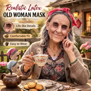 PATYGR Halloween Granny Costume Mask - Funny Old Lady Latex Mask with Floral Bandana, Realistic Elderly Female Face Mask for Masquerade Carnival Dress Up Party Helmet Props