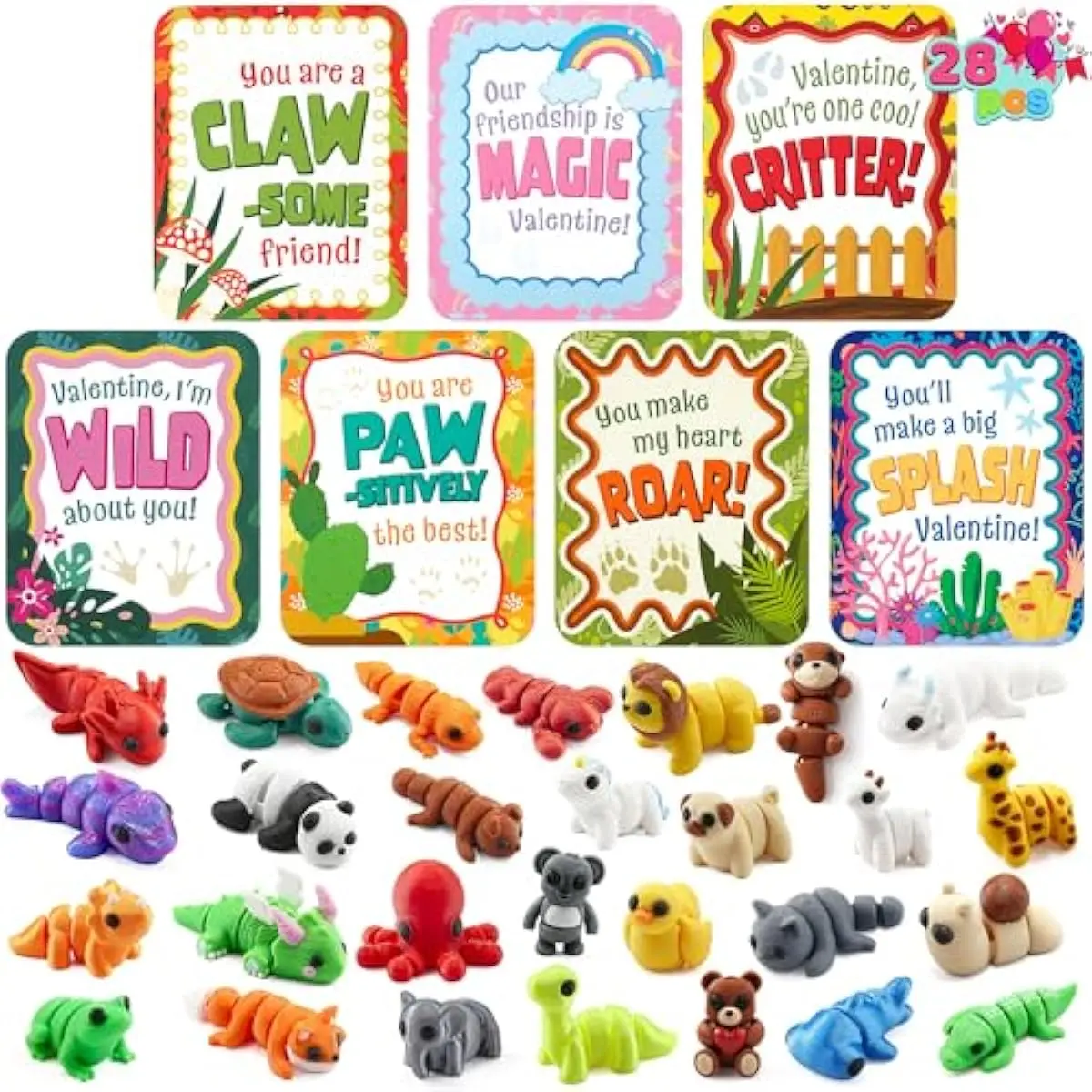 28 Pcs 3D Printed Mini Animals with Valentine Greeting Cards, Animals Articulated Flexible Stress Toy for Kids, Classroom Gift Exchange Prizes, Cute Desk Pets Decor, Party Favors
