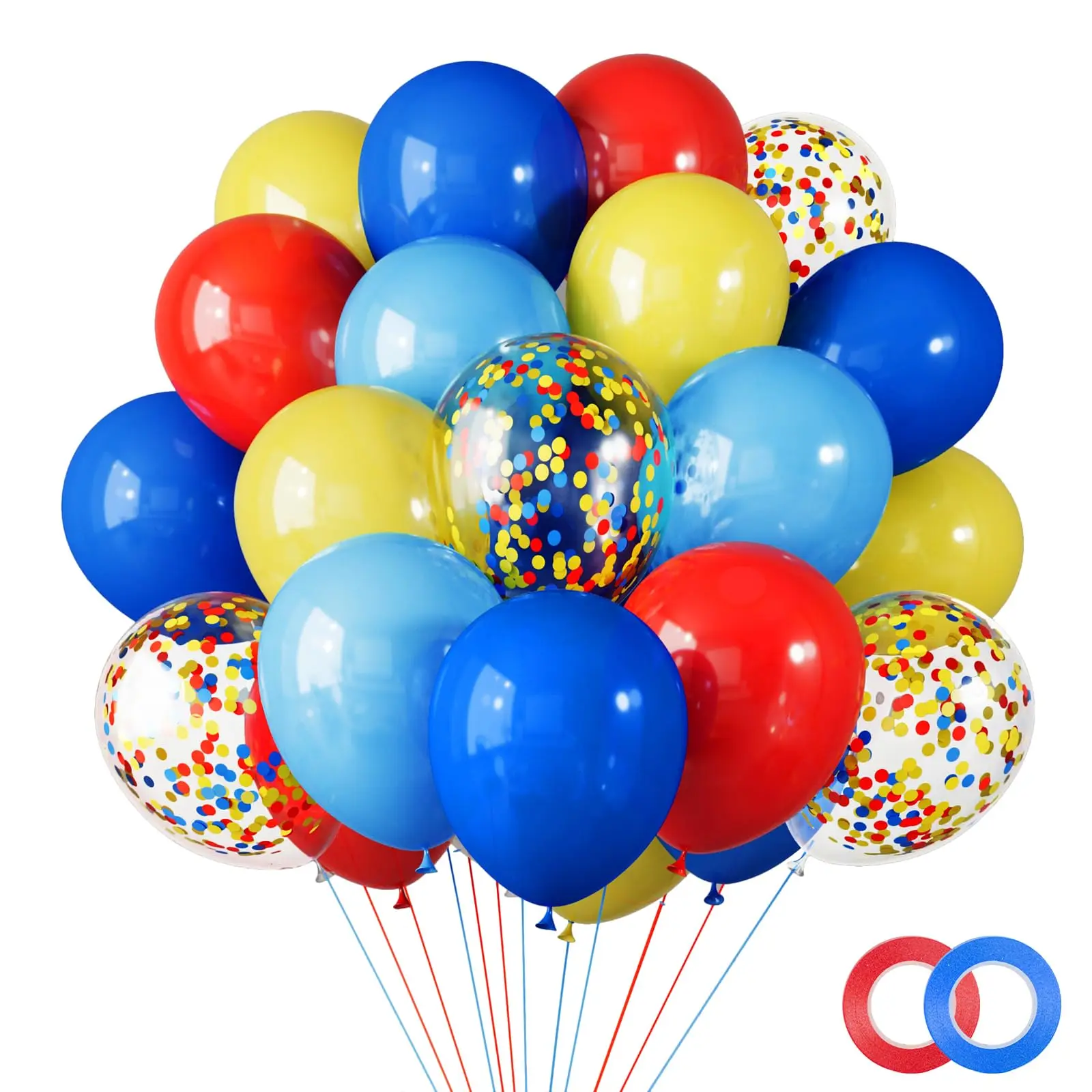 65pcs Carnival Circus Balloon Kit, 12" Red, Yellow, Blue & Rainbow Confetti Balloons