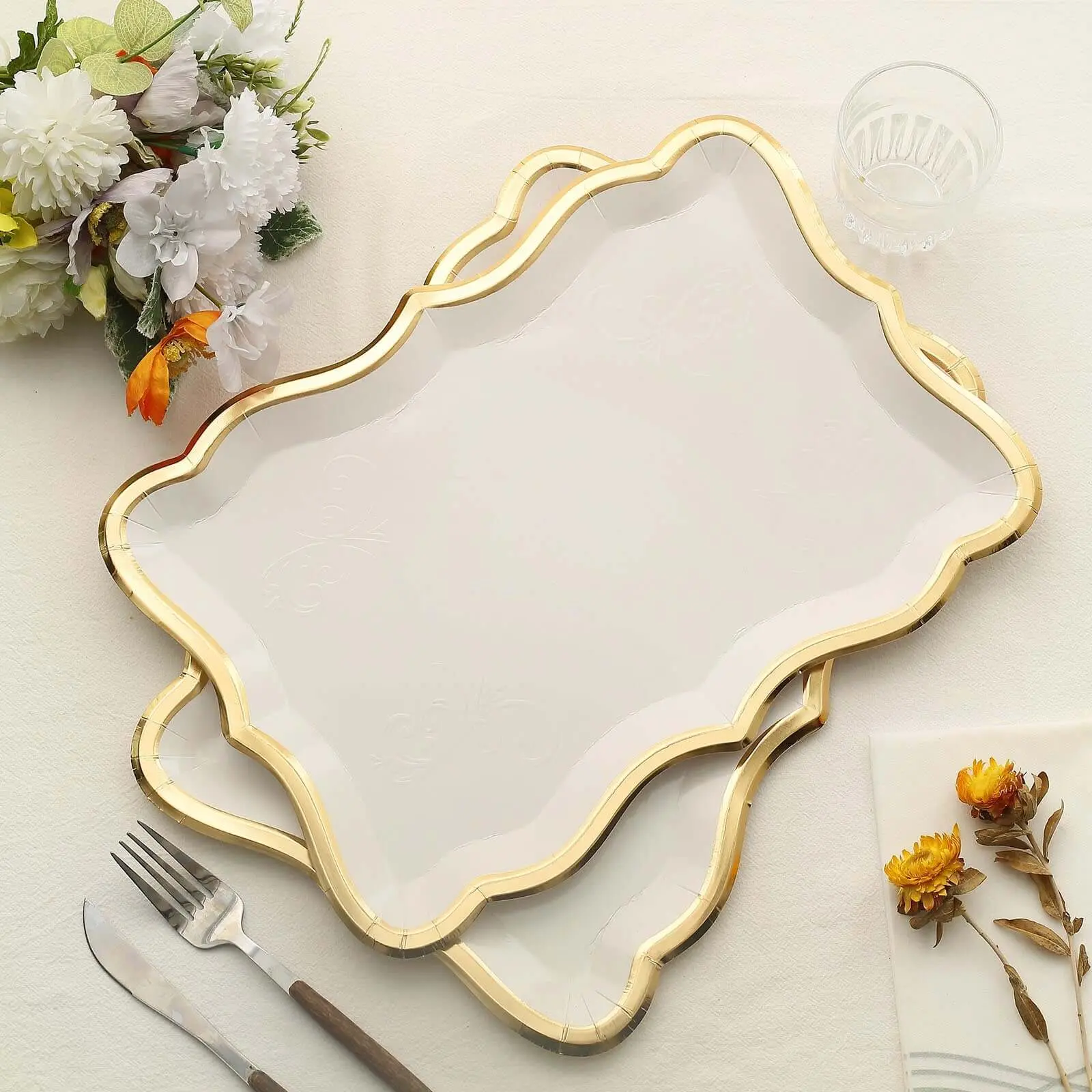 10-Pack Paper Rectangle Serving Trays 14"x10" White with Gold Rim - 400GSM Heavy Duty Disposable Cardboard Party Platters for Stylish Food Displays