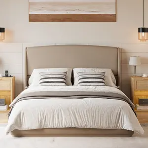 Upholstered Queen Size Bed Frame with Wingback Headboard, Low Profile Queen Platform Bed with Padded Headboard, No Box Spring Needed, Easy Assembly, Elegant Linen Fabric, Brown