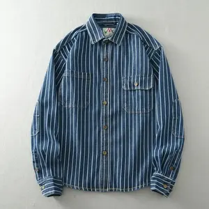 Heavy Vintage Washed Vertical Stripe Denim Shirt Men's Loose Size Cotton Long Sleeve Shirt Jacket Unique Style Quality Fabric Light Blue Fathers Day Gift Menswear Top Casual Soft Comfortable Daily Wear Easy Match Pants Jeans Trendy Look