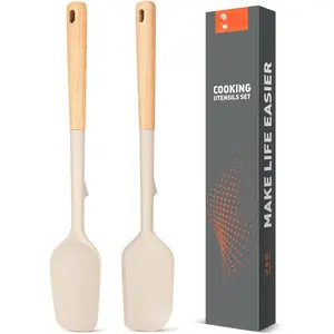 Large  Rubber Spatula Scrapers 14" with Long  Handle,Heat Resistant,Durable, Essential Baking Tools for Mixing, Folding, Scraping,Spreading for Nonstick Cookwares,Pack of 2 (Khaki)