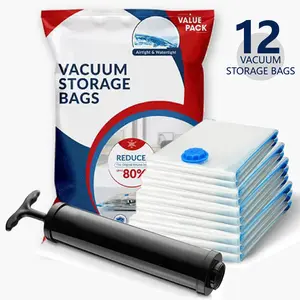 12-Pack Vacuum Compression Zipper Storage Bags with Hand Pump, Space Saver Vacuum Storage Bags, Vacuum Seal Bags for Clothing, Clothes, Comforters and Blankets
