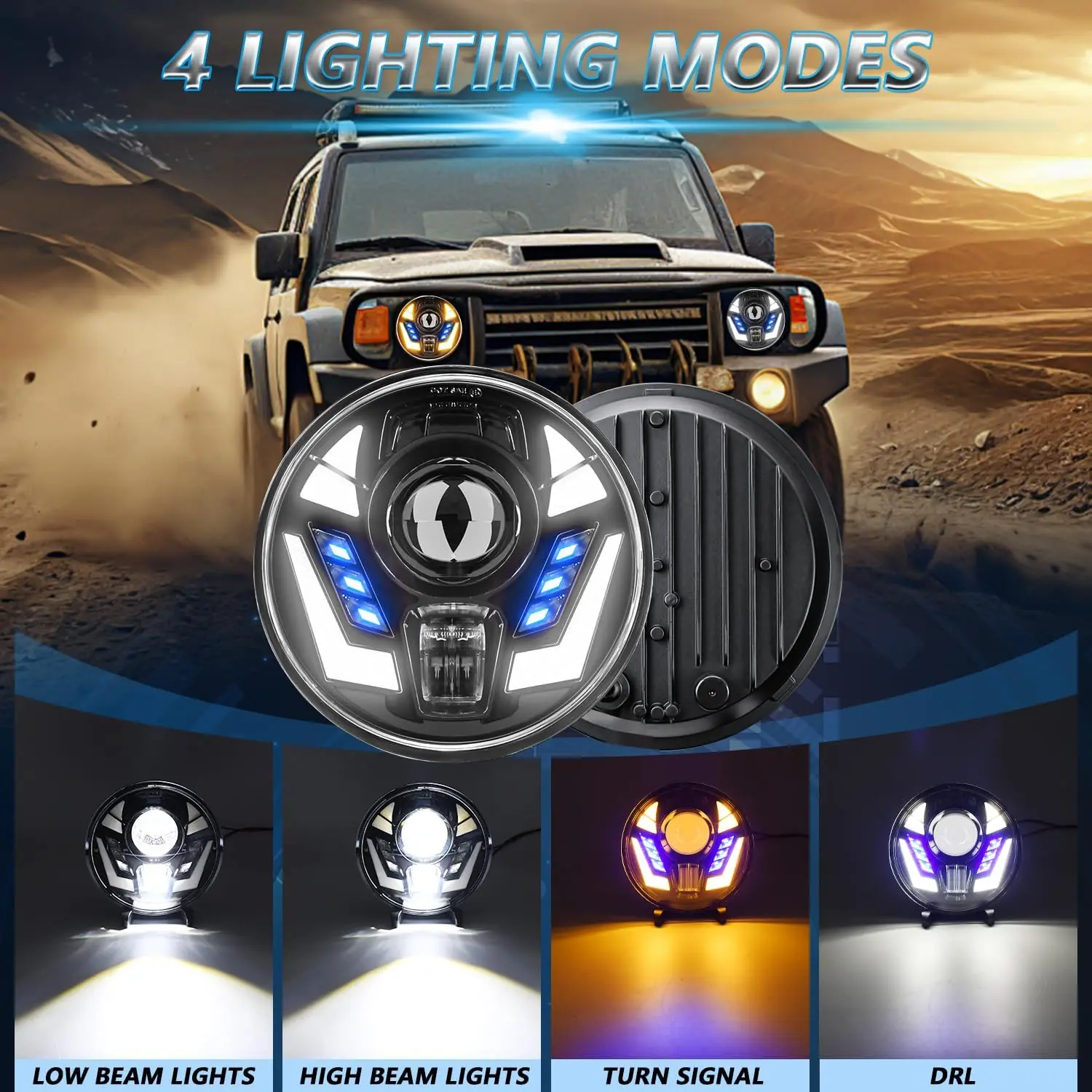 7 Inch Round LED Headlight, 220W Hi/Lo Beam DRL Amber Turn Signal Light, 3500K/6000K DOT SAE Approved, DC12-24V Round LED Lamp Compatible with Jeep Wrangler JK TJ LJ, Harley Motorcycle, 1PC