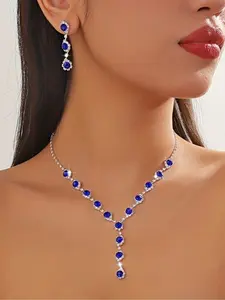 Elegant Women's Jewelry Set, Blue Rhinestone Necklace Earrings, Perfect for Party Wedding Evening Wear, Sparkling Accessories