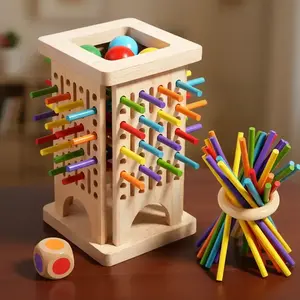 Montessori Wooden Rods Three-In-One Early Education Game Set, Shape Sorter, Multi-Layer Hole Tower, Color Matching, Hand-Eye Coordination, Family Activity