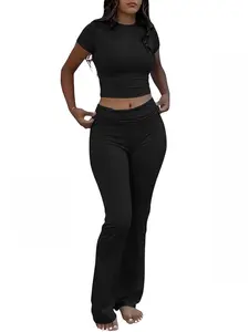 Best-selling casual workout two-piece set for women in Europe and America: round-neck T-shirt and low-waist flared pants sports outfit Tracksuit Set Workout Sets Women