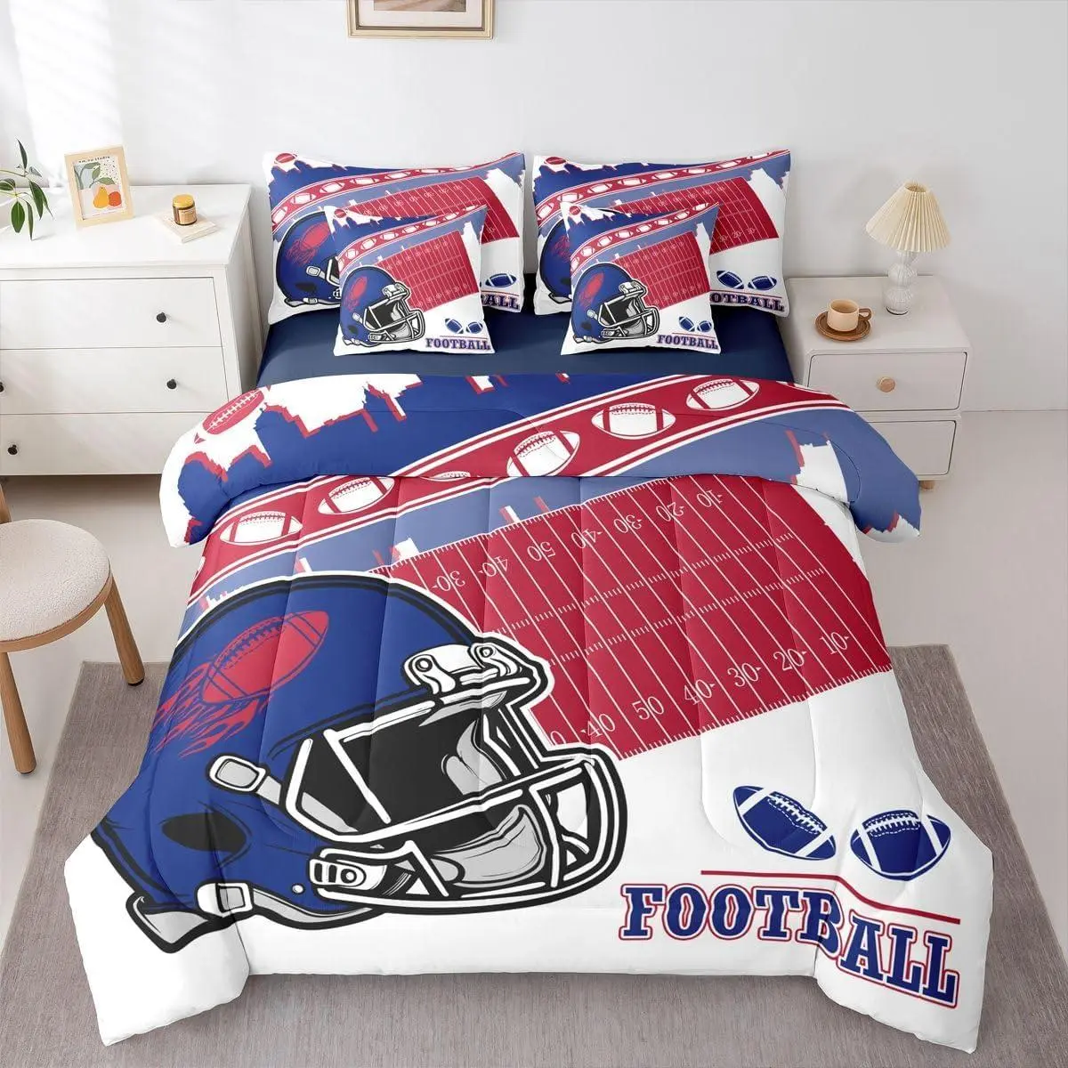 Football City Bed in A Bag Football Fans Comforter Set with Sheets 7 Piece Gifts for Boys Teen Room Decor,Sports Rugby Gaming Kids Bedding Red Navy Blue Bed Set,(Buffalo)