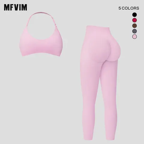 MFVIM Women's 2-Piece Seamless Sports Wear Set, Quick-Dry Backless Halter Top & High-Waist Shorts for Fitness/Yoga, Athleisure Set, Activewear Running Outfits