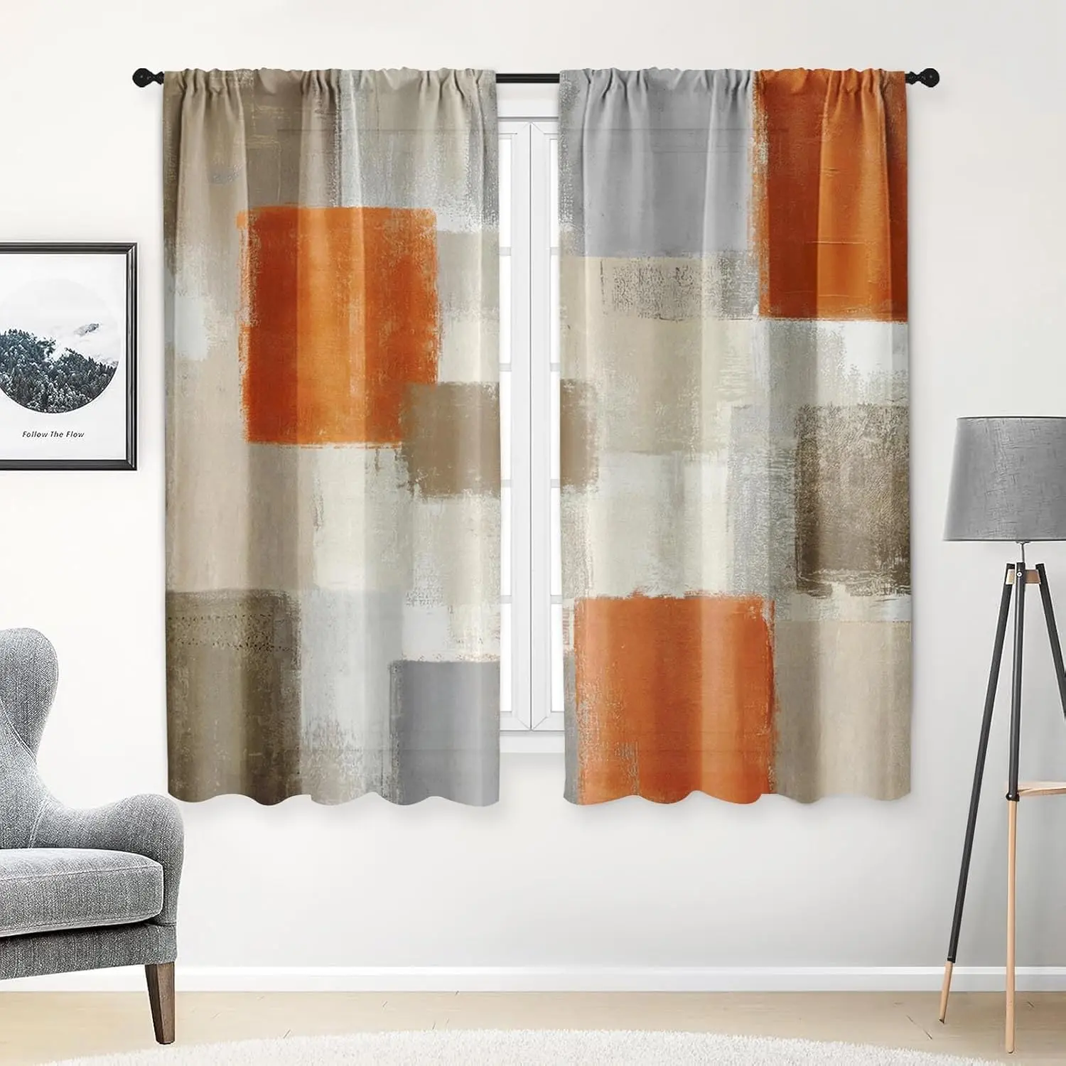 Kitchen Curtains 63 Inch Length Abstract Window Curtains Over Sink Set of 2 Brown Beige Contemporary Curtain for Bedroom Living Room Modern Kitchen Decor 42x63 Inch