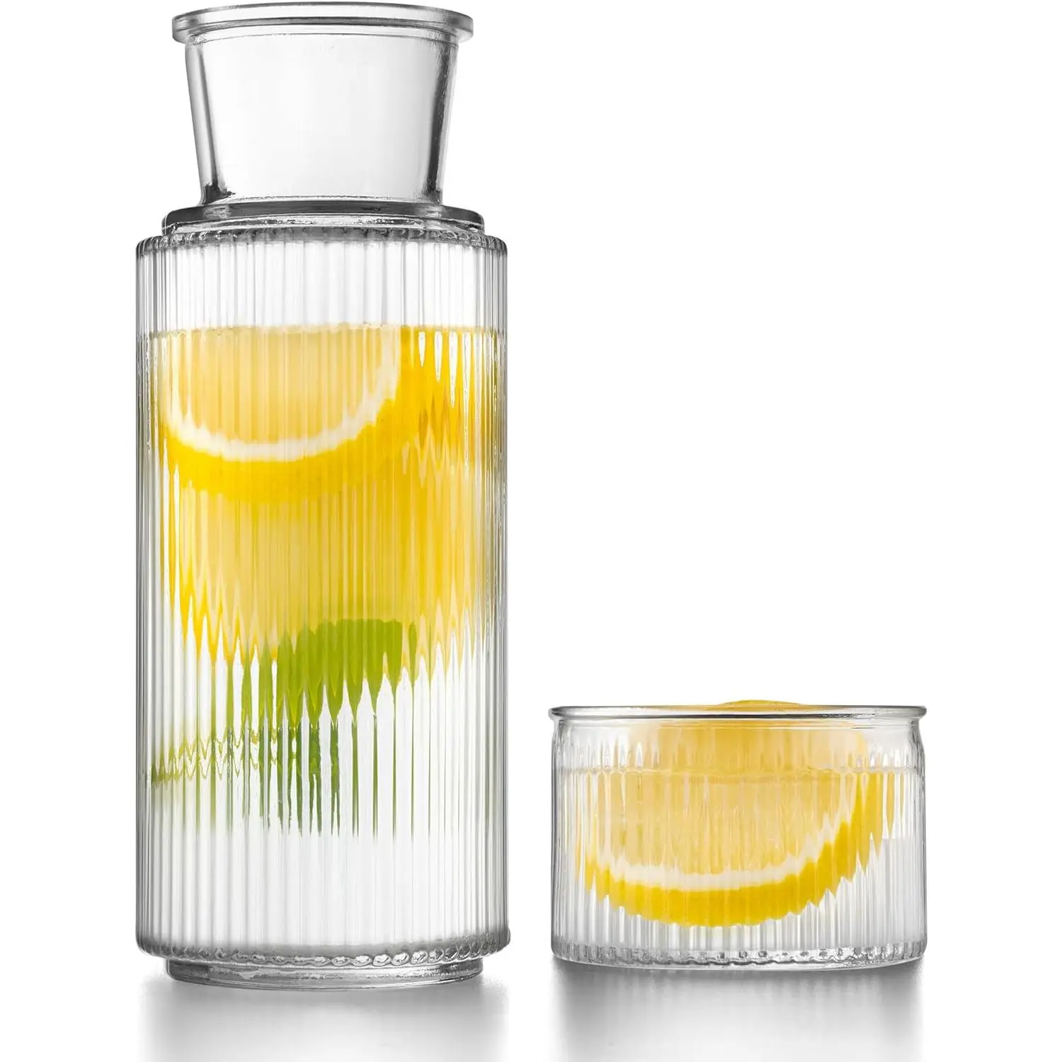 Sturdy Stylish Vertical-Striped Bedside Water Carafe and Glass Set - 27oz Tall Carafe with 7.1oz Tumbler (Includes Tumbler Lid), Nightstand Pitcher, Home & Office Elegant Gift