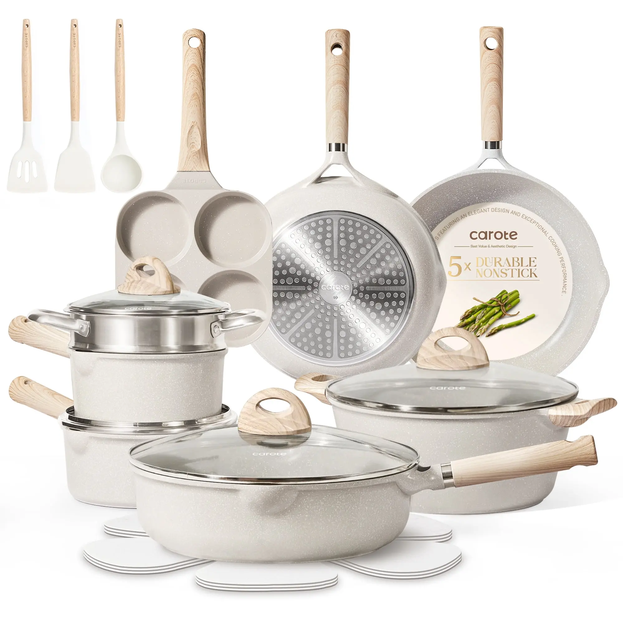 Carote Beige Cookware Set For Food Boiling 21pcs Non Stick Pots And Pans Set Induction Ready Kitchen Devices