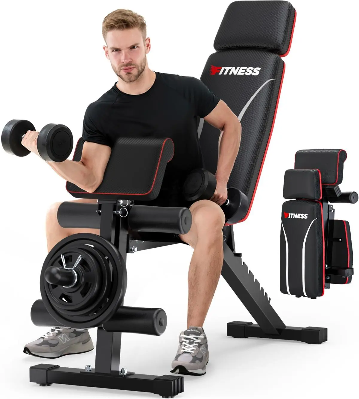 Foldable Weight Bench, 880lbs Weight Capacity , Weight Plate Not Included, Workout Bench Press for Home Gym, Banco Para Hacer Ejercicio Incline Decline Sit up Workout Equipment, Leg Extension and Preacher Pad for Full Body Strength Training