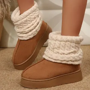 Women's Cute Mid Calf Snow Boots Knit Cuff Fuzzy Plush Lining Soft Sole Winter Casual Indoor Outdoor Shoes