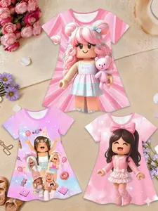 Trendy Girls' 3D Short Sleeve Dress, Roblox Style Anime Print, Set of Three, Perfect for Parties, Festive Gifts, Birthday Presents