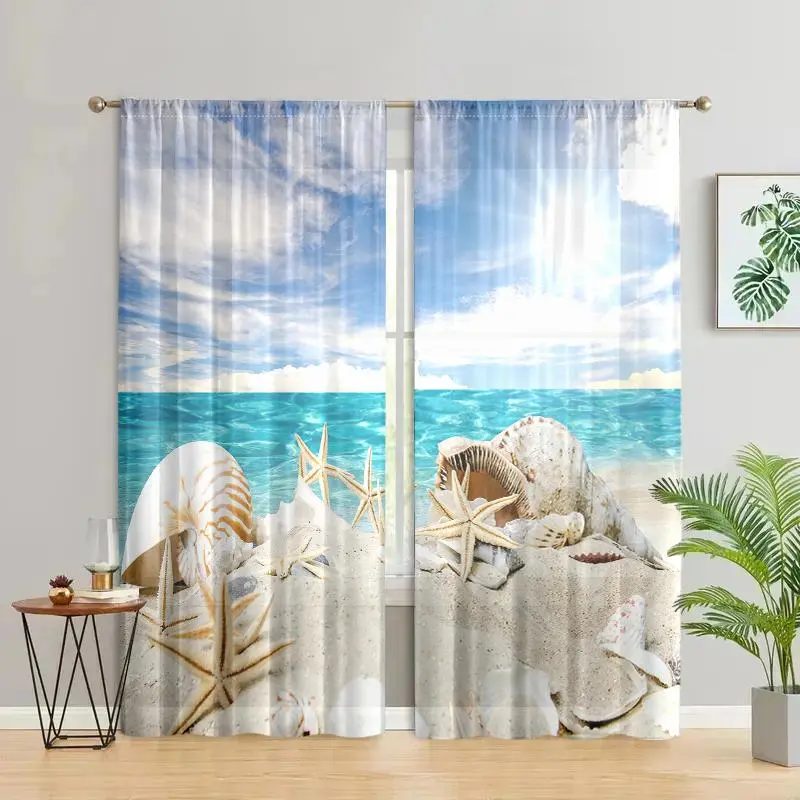 Beach & Starfish Pattern Door Curtain, 2 Counts/set Sea Life Printed Curtain, Home Decor for Living Room Bedroom Kitchen Study Room