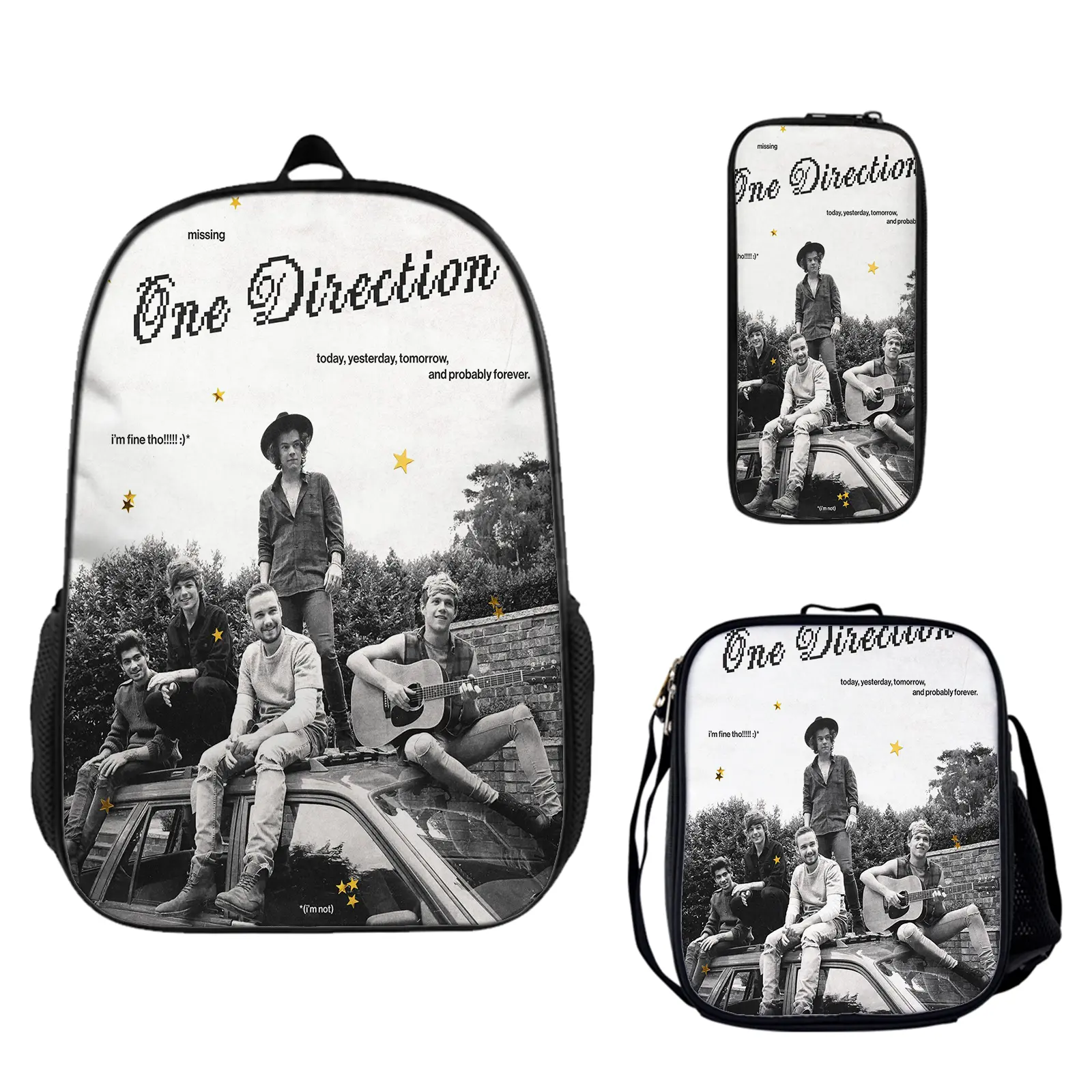 One Direction Large Capacity Backpack 3-Piece Set, School Bookbag with Insulated Lunch Box and Pencil Pouch for Teen Boys Girls, Lightweight Travel Daypack Birthday Gift for Fans c-167