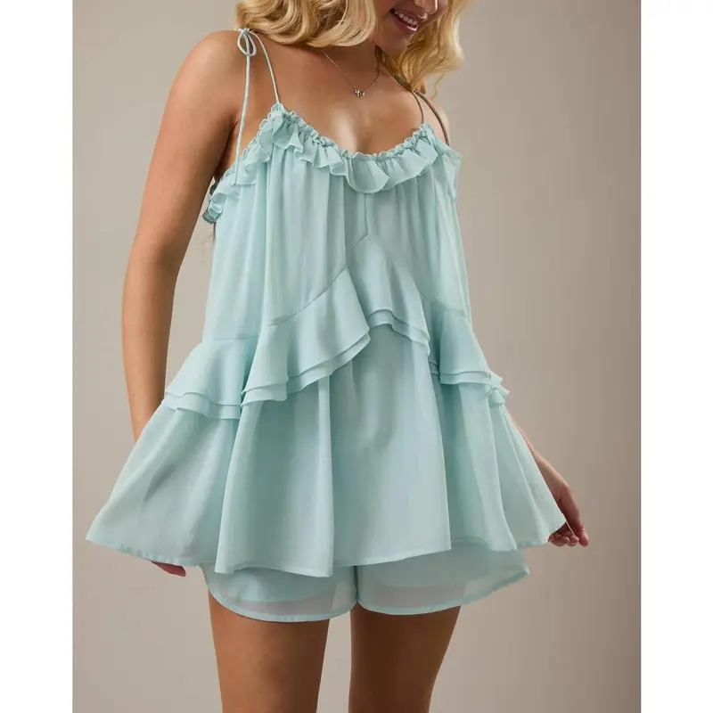 Women's White Spaghetti Strap Romper Dress - Flowy Tiered Ruffle Chiffon Short Jumpsuit for Summer Beach Vacation Casual Party