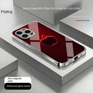 Red Luminous Apple Logo Electroplated Tempered Glass Phone Case, Suitable for iPhone 17 16 15 14 13 12 11 Pro Max, Perfect Gift for All Seasons
