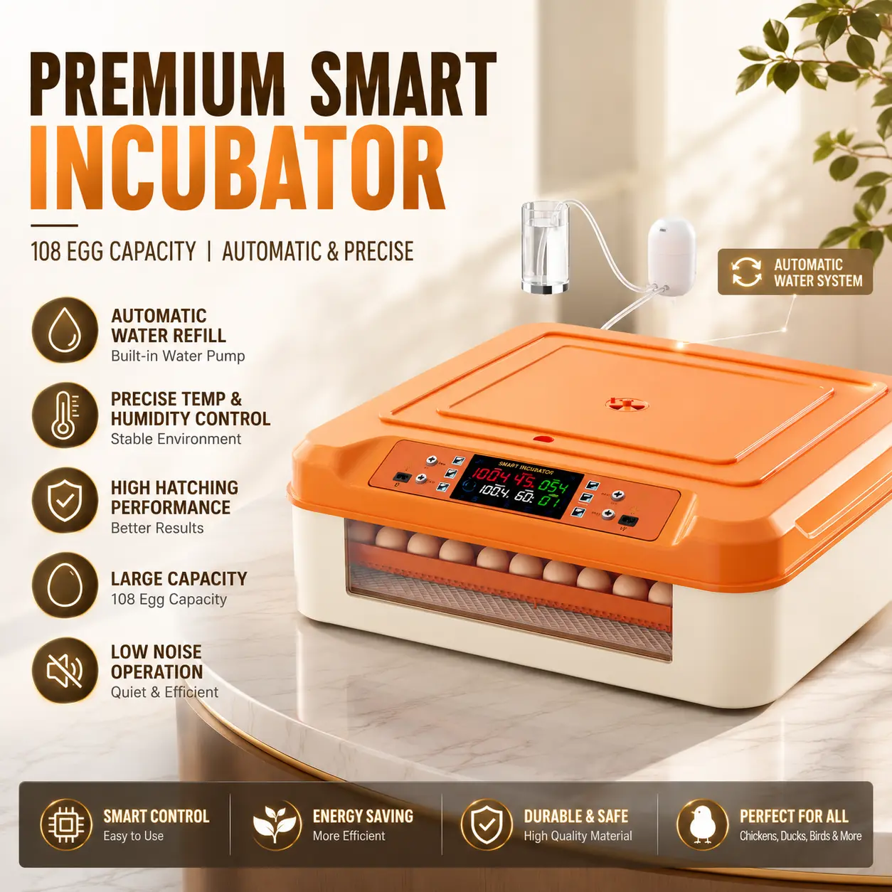 108 Egg Incubator for Hatching Eggs, Fully Automatic Incubator with Smart Water Pump and Humidity Control, Egg Turner, Candler, Digital Temperature Control