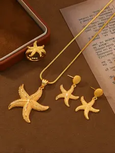 24k Gold Plated Jewelry Set, 4 Piece Starfish Copper Wedding Party Set, Includes Necklace Earrings Ring, Valentine's Day Gift, All Seasons, Matching Jewelry Set