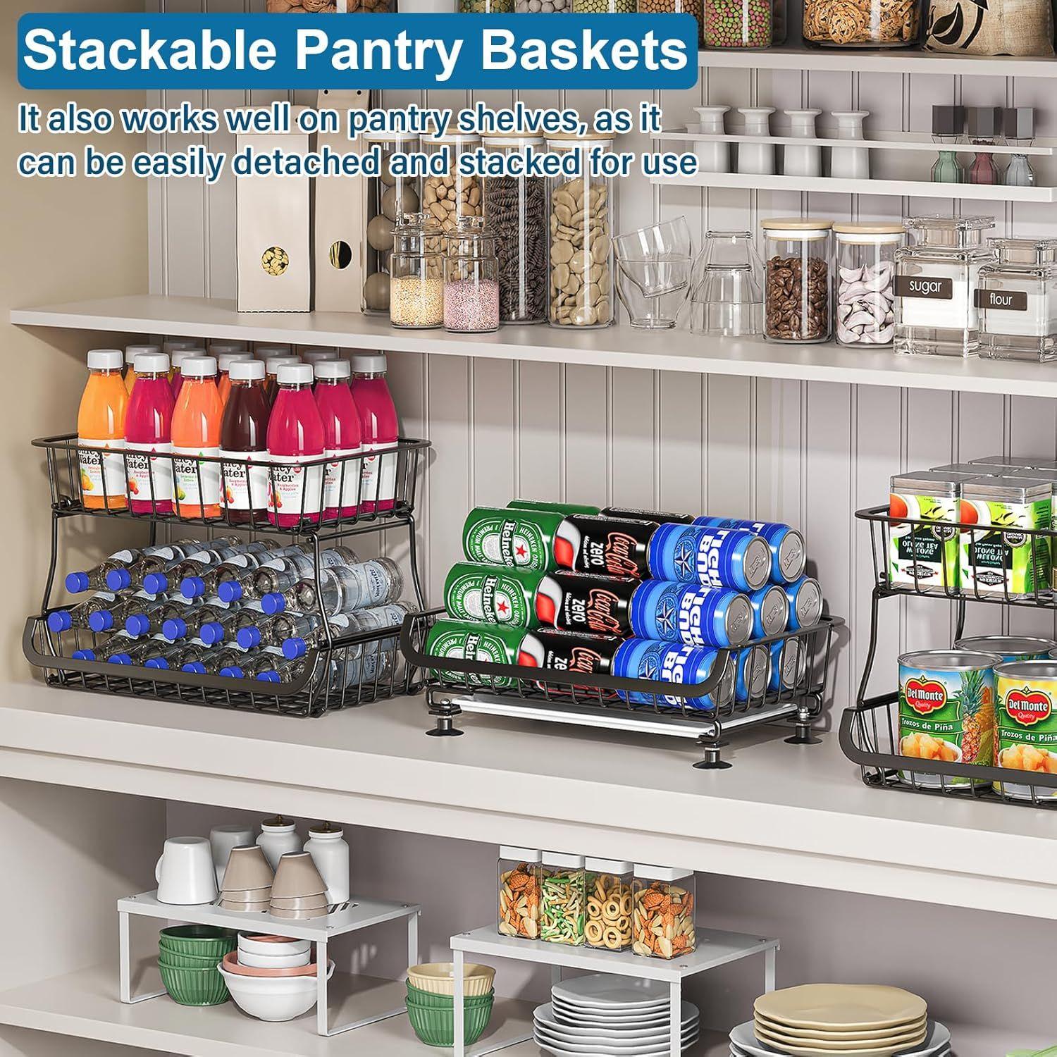 3-Tier Rolling Pantry Floor Organizer and Storage Cart with Wheels, Stackable Wire Pantry Baskets for Pantry Shelves, Kitchen Fruit Basket Stand and Storage Rack for Fruit Snack Onion Potato