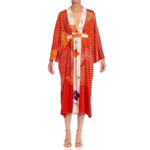 MORPHEW COLLECTION Red Shibori Japanese Kimono Silk Body Kaftan Hand Painted Cream Detailing