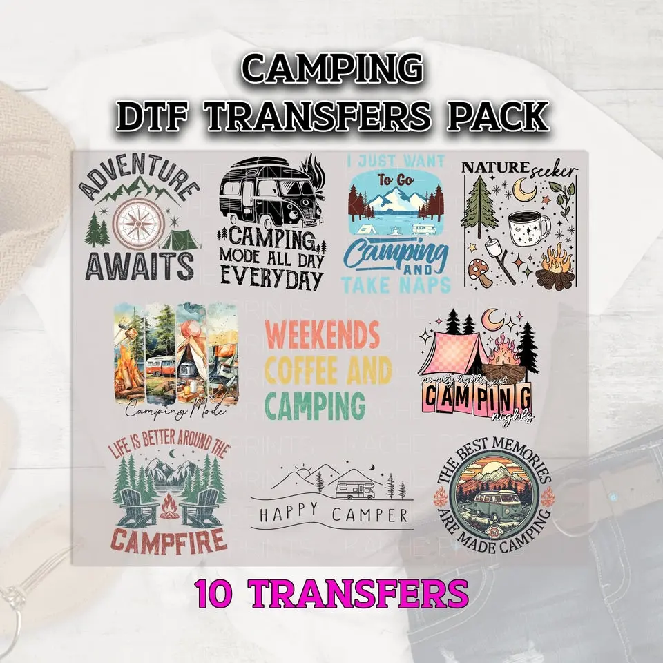 Camping DTF Transfer Pack, Camp Life DTF Transfer, Camping Dtf Bundle, Adventure Awaits Dtf Print, Ready to Press, Dtf Grab Bag, RV Dtf Pack