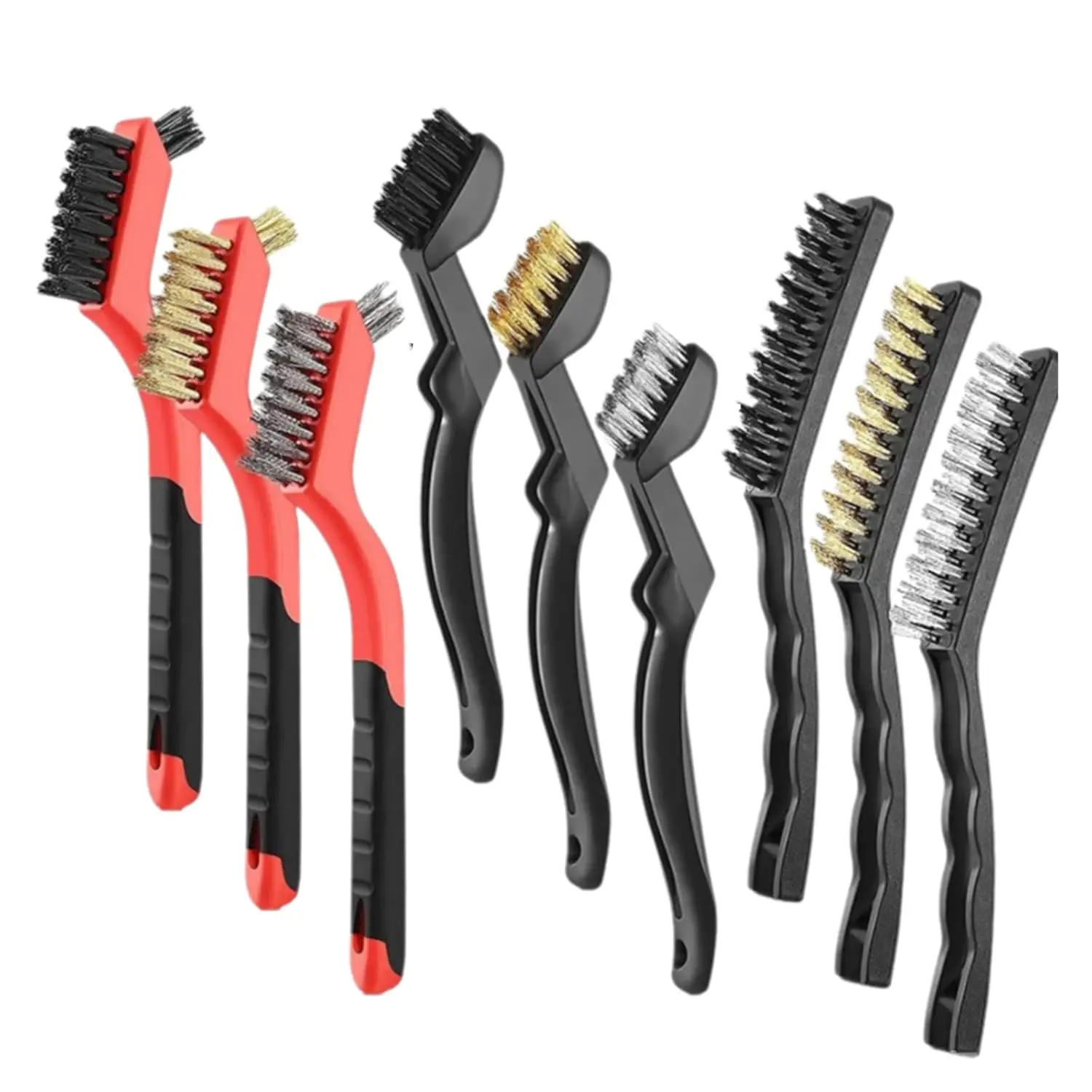 9 count Wire Brush Set - Stainless Steel/Brass/Nylon Bristles for Rust, Welding Slag,  & Dirt Removal -Automotive, Metal & DIY Cleaning Tools