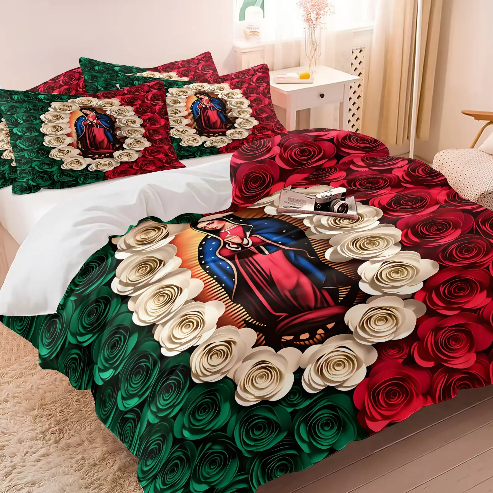 Mexican Our Lady of Guadalupe Duvet Cover Set, Complete Set, Decorative Duvet Cover, Theme Bedding Set, Breathable & Durable Microfiber Bedding, 1 Duvet Cover + 1/2 Pillowcases (No Core), Ideal Gift for Catholic Faith Lovers