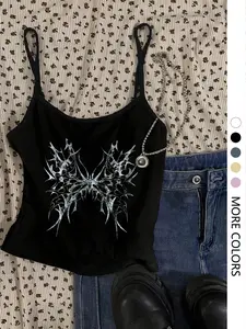 Women's Gothic Wing Print Slim-Fit Crop Top, Sexy Sweet Spicy Spaghetti Strap Sleeveless Design, Casual Home Wear for All Seasons, Womenswear