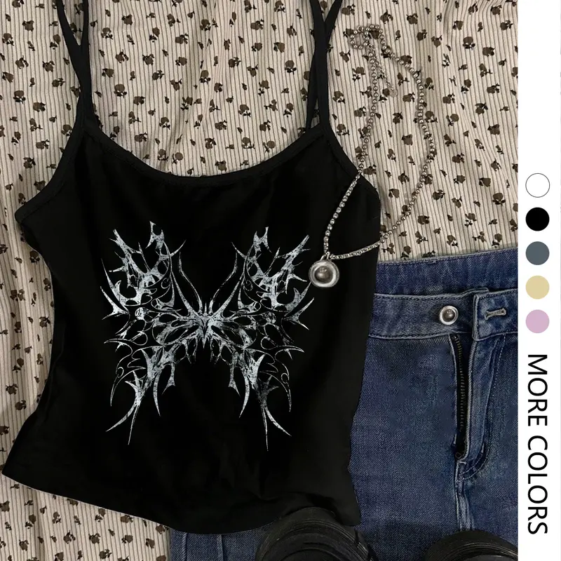 Women's Gothic Wing Print Slim-Fit Crop Top, Sexy Sweet Spicy Spaghetti Strap Casual Fashion Sleeveless Design, Casual Home Wear for All Seasons, Womenswear
