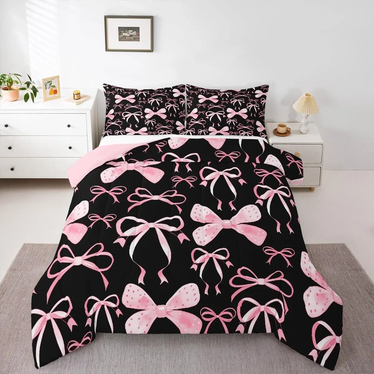 Black Pink Bow Bedding Set Soft,Cute Bowknot Comforter Set Kawaii Duvet Quilt Microfiber Pricess Style Bedroom Decor