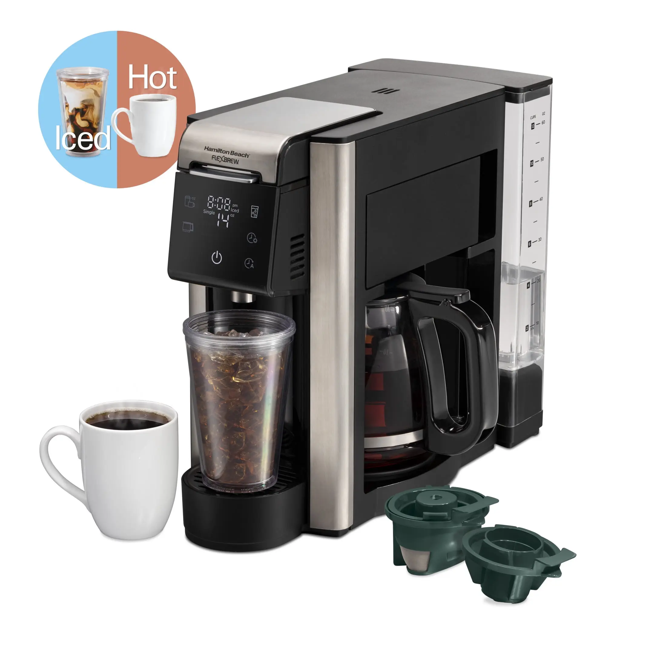 Hamilton Beach FlexBrew 5-in-1 Coffee Maker - 12-Cup Carafe, Single-Serve for Pods & Ground Coffee, Hot & Iced Brew Capability, Black Kitchen Appliance