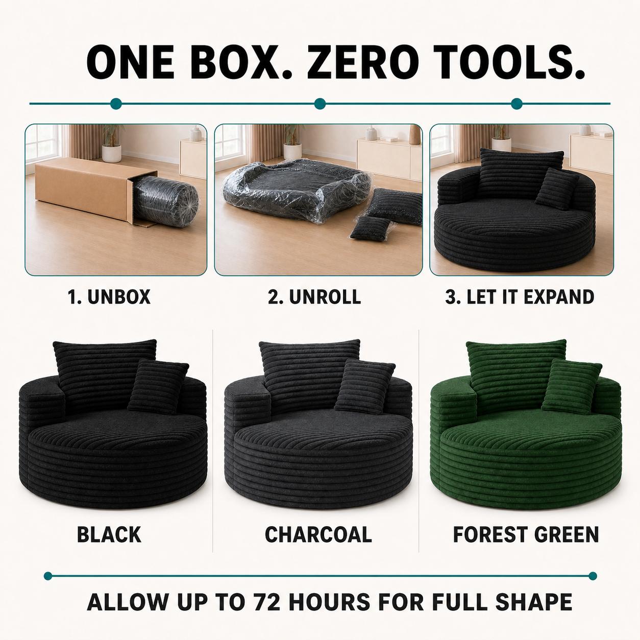 50in Round Lounge Chair Sofa, No-Assembly Compressed Cloud Floor Couch with Deep Seat, Soft corduroy, Backrest & Throw Pillows for Adults, Bedroom and Apartment