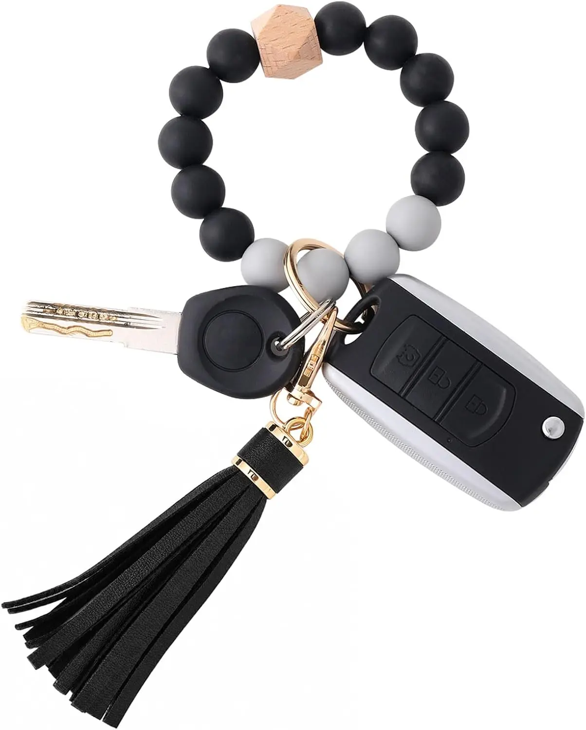 Silicone Beaded Bracelet Keychain Wristlet Key Ring Bangle Chains for Women with Leather Tassel