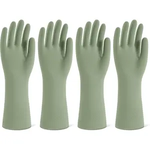 Rubber Cleaning Gloves for Dishwashing, 4 Pairs Reusable Kitchen Gloves for Washing Dishes and Household Cleaning, Green Dish Gloves with Flocked Lining and Non-Slip Grip, Pefect for Woman Men - M
