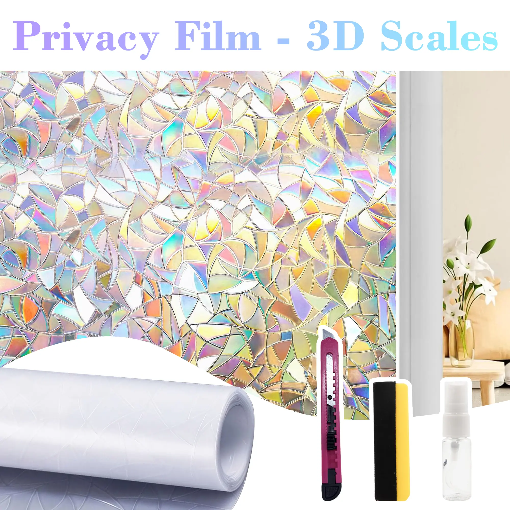 1 Count Window Privacy Film Rainbow Film Decorative Window Sticker, Non Adhesive UV Blocking Glass Film for Home Sunshade Curtains