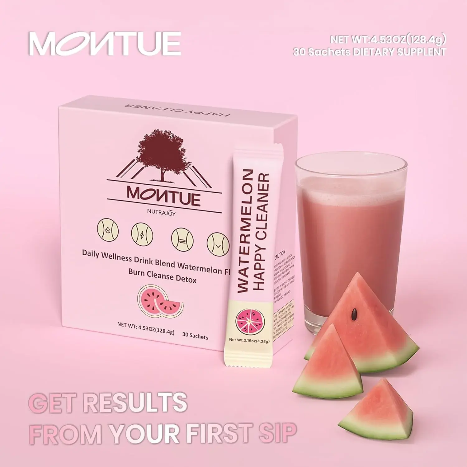Montue Watermelon Happy Cleaner Probiotic Prebiotic Organic Fiber Sugar-Free Herbs for Bloating Gut Health Digestive Support 14 Days Flavor 30 Stick Packs - Healthcare