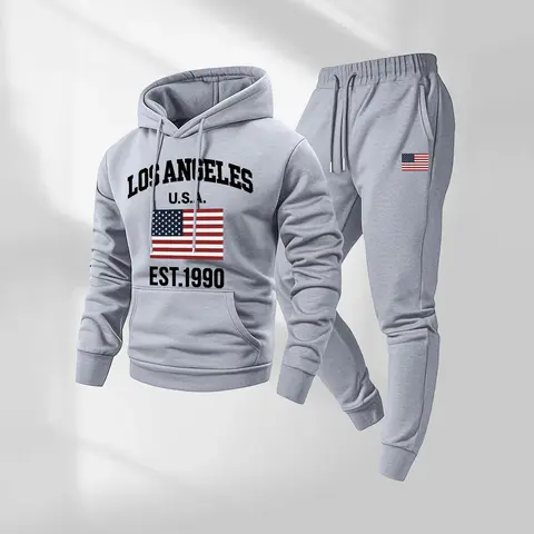 Men's Los Angeles USA Letter  Print Hoodie and Drawstring Sweatpants Set, Menswear, Casual Athletic Long Sleeve Hooded Jacket & Trousers for Fall & Winter, Men's Clothing for Daily Wear, Sportswear Indoor Outdoor, Tracksuit, Athleisure