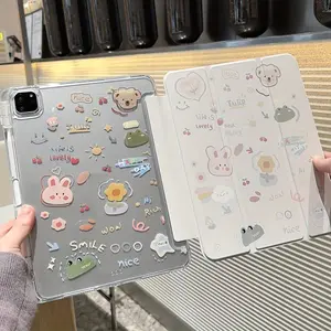 Cute Cartoon iPad Flip Case, Compatible with iPad 10th Gen, iPad Air 5/4, iPad Pro 11 Inch, Transparent Kawaii Rabbit Frog Design, Tablet Cover