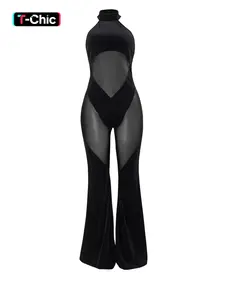 Women's Sheer Flare Leg Halter Neck Tulle Jumpsuit, Solid Sleeveless Drop Waist Jumpsuit For Summer, Fashion Ladies Clothes For Party Club, Slim-Fit Womenswear