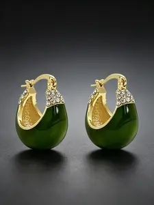2Pcs C-shaped Green Crystal Drop Earrings, Sparkling Ear Jewelry, Alloy Inlaid Cubic Zirconia, Fashion Accessories for Women, ideal for daily wear and gifting