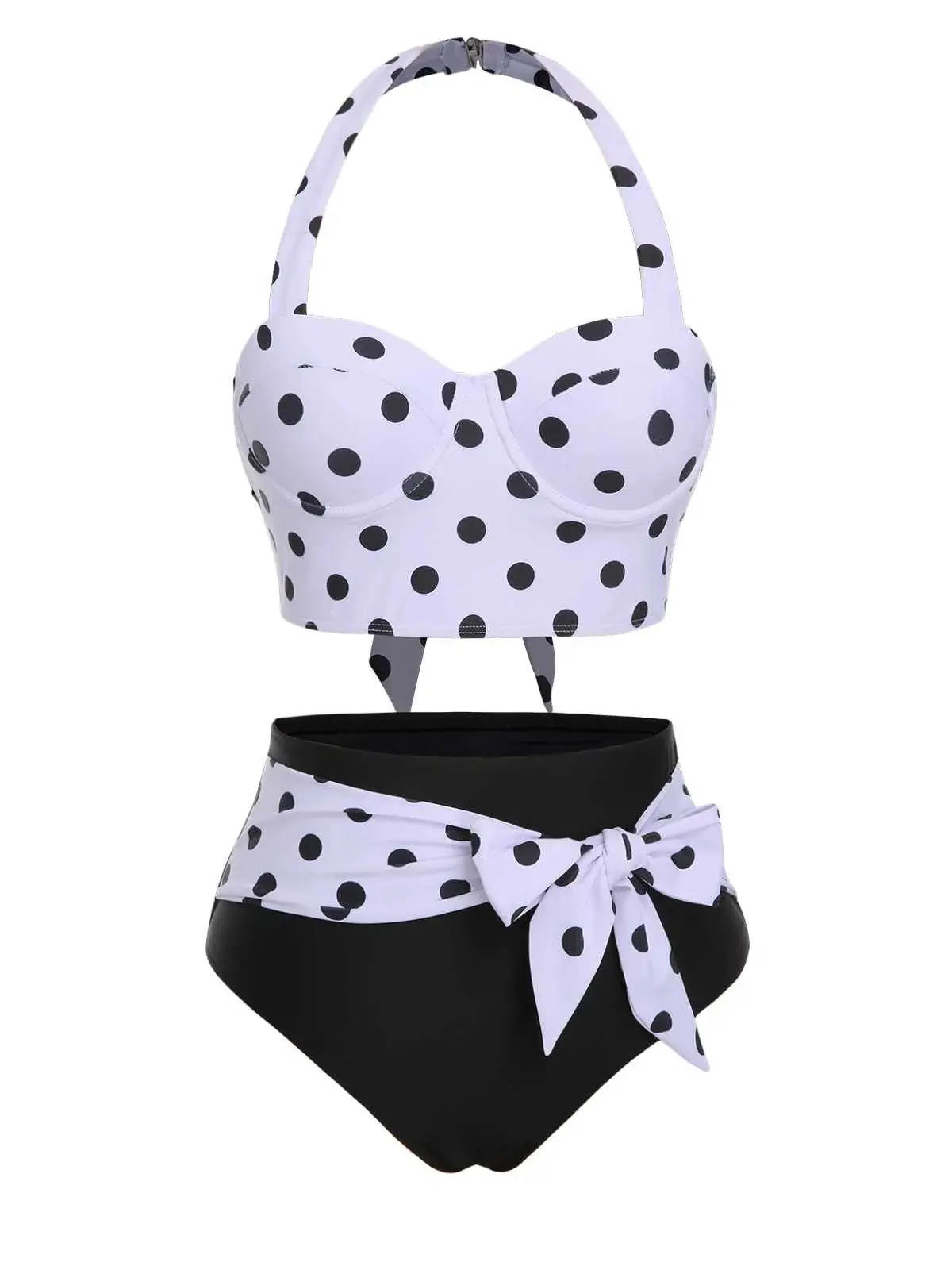 RETRO STAGE Women's Bathing Suits, Retro 1950s Polka Dot Swimsuits Bikinis with Padded Underwire Halter Top and High Waisted Sash Bottom, Beach Wear, Stretch, Padded Top, Polka Dots